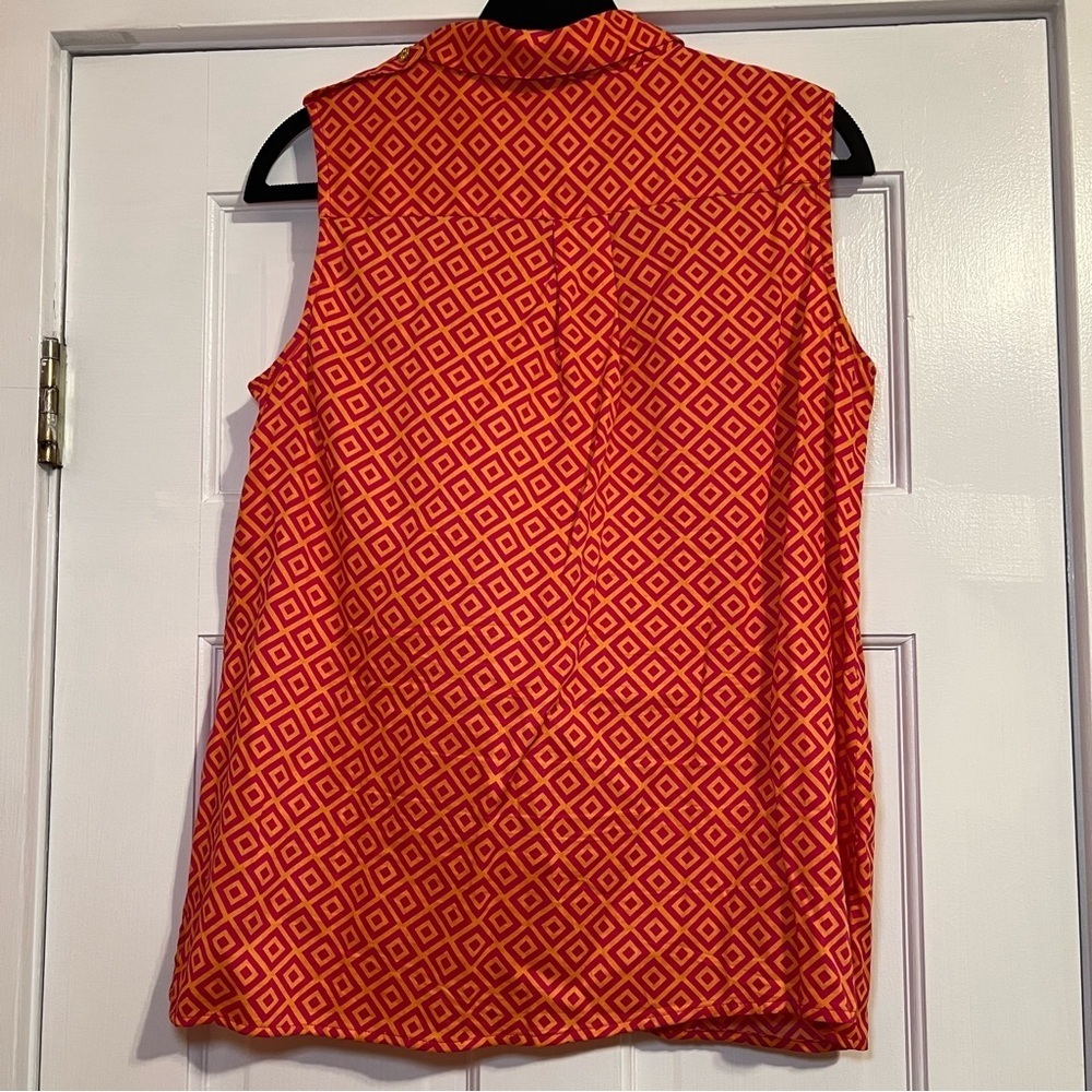 #56 JACLYN SMITH PINK ORANGE GEOMETRIC GOLD BUTTON BLOUSE MEDIUM - Picture 2 of 6